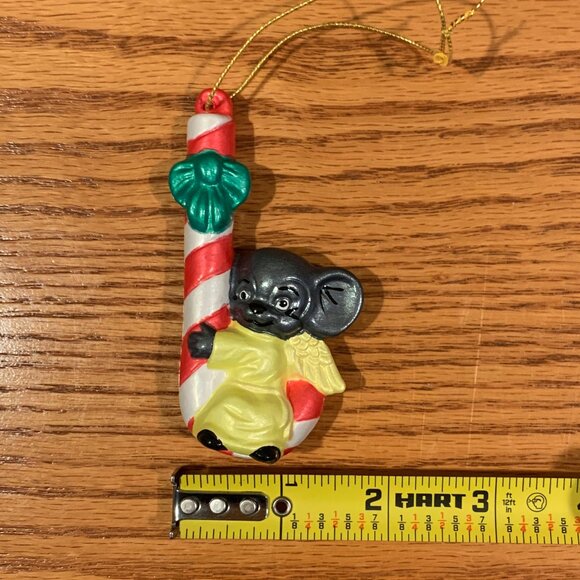 VINTAGE HANDMADE CERAMIC CHRISTMAS ORNAMENT, MOUSE HANGING ON A CANDY CANE - Picture 4 of 4